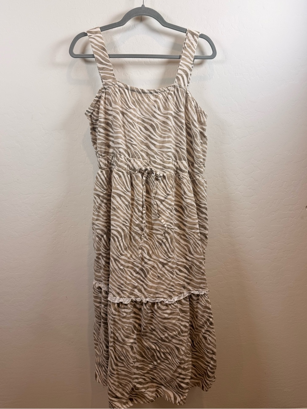 Beige Zebra-Print Maxi Dress with Tie Waist